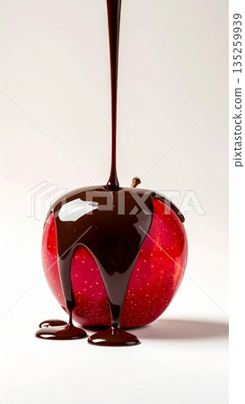 Studio Food Photography of Red Apple Coated with Flowing Chocolate on Beige Background Studio Food Photography of Red Apple Coated with Flowing Chocolate on Beige Background 135259939
