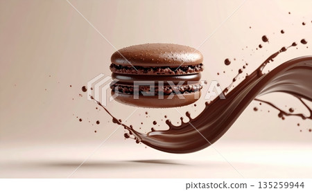 Studio Food Photography of Chocolate Macaron Floating with Dark Chocolate Splash 135259944