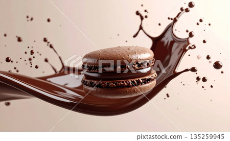 Studio Food Photography of Chocolate Macaron Floating with Dark Chocolate Splash 135259945