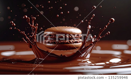 Studio Food Photography of Chocolate Macaron Floating with Dark Chocolate Splash 135259946