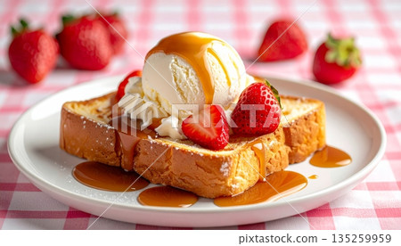 Studio Food Photography of Vanilla Ice Cream Scoop on Thick Toast with Caramel, Whipped Cream and Strawberry 135259959