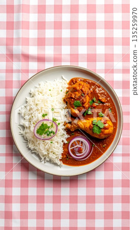 Studio Food Photography of Indian Curry with Spiced Chicken Drumstick and Long Grain Rice, Garnished with Shallots 135259970