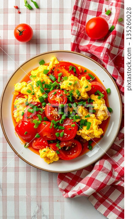 Studio Food Photography of Chinese Stir-Fried Tomatoes with Eggs 135260028