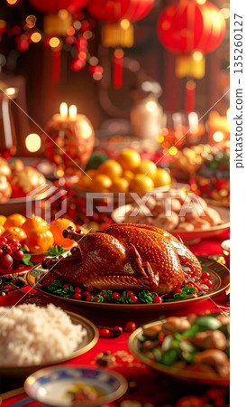 Traditional Chinese Lunar New Year Feast with Roast Duck and Fresh Ingredients Traditional Chinese Lunar New Year Feast with Roast Duck and Fresh Ingredients 135260127