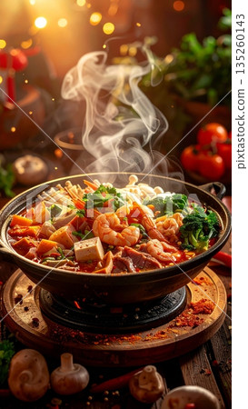 Spicy Mala Hot Pot with Sliced Meat, Shrimp, Vegetables, Tofu and Lotus Root Spicy Mala Hot Pot with Sliced Meat, Shrimp, Vegetables, Tofu and Lotus Root 135260143