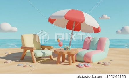 3D Pastel Beach Chairs and Sunbeds with White-Red Umbrella, Juice Cocktail, Flip-Flops and Camera 3D Pastel Beach Chairs and Sunbeds with White-Red Umbrella, Juice Cocktail, Flip-Flops and Camera 135260153