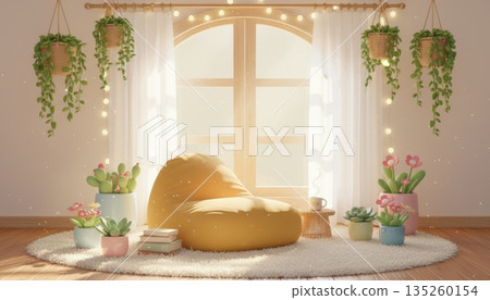 3D Cozy Reading Room with Bean Bag Chair, Potted Flowers, Hanging Rattan Plants, White Fluffy Rug and Sunlight through Large Window 135260154