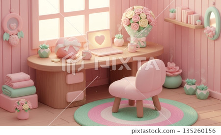 3D Cozy Pink-Green Home Office with Heart-Shaped Chocolate Box and Wrapped Rose Bouquet 3D Cozy Pink-Green Home Office with Heart-Shaped Chocolate Box and Wrapped Rose Bouquet 135260156