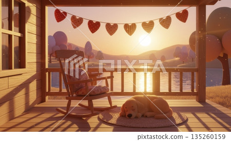 3D Lakeside Wooden Porch at Sunset with Rocking Chair, Golden Retriever Dog and Heart-Shaped Bunting on Fence 3D Lakeside Wooden Porch at Sunset with Rocking Chair, Golden Retriever Dog and Heart-Shaped Bunting on Fence 135260159