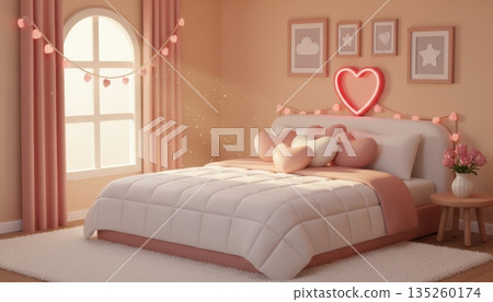 3D Romantic Bedroom with Large Bed, Heart Pillows and LED Heart-Shaped Lamp 3D Romantic Bedroom with Large Bed, Heart Pillows and LED Heart-Shaped Lamp 135260174