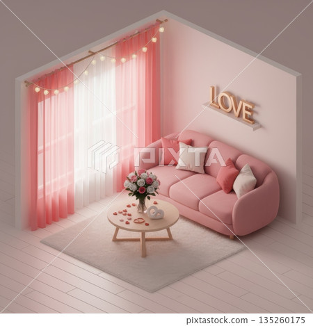 Isometric Pink Living Room with Sofa, Coffee Table, Heart Pillows and Sheer Red Curtains for Valentine Isometric Pink Living Room with Sofa, Coffee Table, Heart Pillows and Sheer Red Curtains for Valentine 135260175