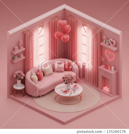 Isometric Pink Living Room with Sofa, Coffee Table, Heart Pillows and Sheer Red Curtains for Valentine Isometric Pink Living Room with Sofa, Coffee Table, Heart Pillows and Sheer Red Curtains for Valentine 135260176
