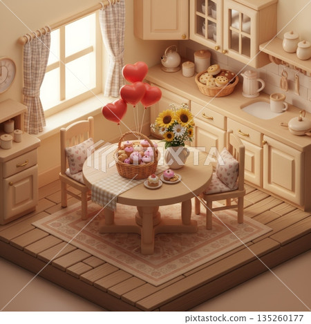 Isometric Cute Kitchen with Wooden Table, Treat Basket, Heart Balloons and Flower Vase Isometric Cute Kitchen with Wooden Table, Treat Basket, Heart Balloons and Flower Vase 135260177