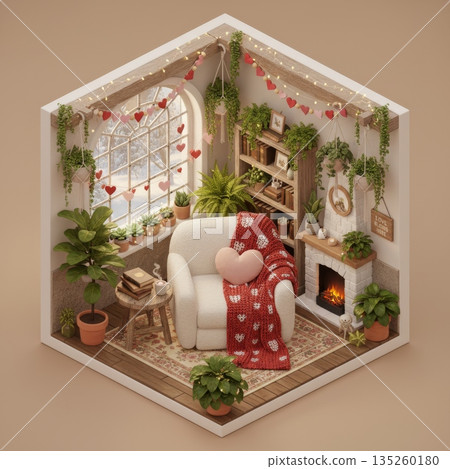 Isometric Reading Room with Armchair, Large Cottage Window, Hanging Plants and Valentine Decoration Isometric Reading Room with Armchair, Large Cottage Window, Hanging Plants and Valentine Decoration 135260180