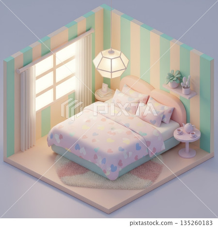 Isometric Pastel Bedroom with Double Bed, Heart Bedding, Hanging Lamp and Heart Rug 135260183