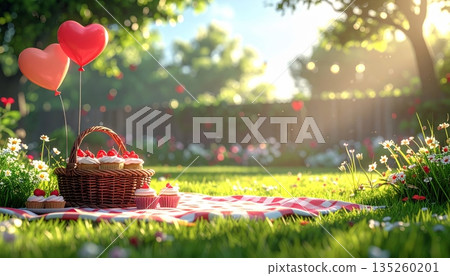 Cartoon Backyard Garden Picnic with Picnic Blanket, Basket and Heart-Shaped Balloons 135260201