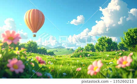 Cartoon Pastel Flower Meadow with Short Bushes, Hot Air Balloon and Clear Sky Cartoon Pastel Flower Meadow with Short Bushes, Hot Air Balloon and Clear Sky 135260213