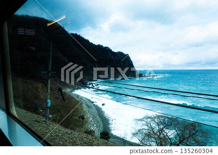 An image of a view of the Sea of Japan in winter from a local train on the Sanin Main Line An image of a view of the Sea of Japan in winter from a local train on the Sanin Main Line 135260304
