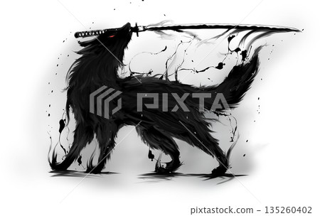 A Japanese-style ink painting of a wolf holding a sword A Japanese-style ink painting of a wolf holding a sword 135260402