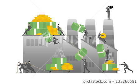 Business Teamwork for Industrial Financial Growth and Corporate Asset Management in Factory Setting, Flat Vector Illustration 135260581