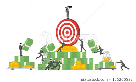 Business Teamwork for Financial Goal Achievement and Profit Targeting Success with Corporate People on Bullseye, Flat Vector Illustration Business Teamwork for Financial Goal Achievement and Profit Targeting Success with Corporate People on Bullseye, Flat Vector Illustration 135260582