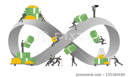 Business Team Working for Financial Growth and Wealth Management on Infinity Symbol Path, Flat Vector Illustration 135260584