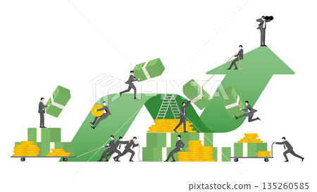 Business Team Success and Financial Growth with Corporate People Working on Green Upward Arrow, Flat Vector Illustration Business Team Success and Financial Growth with Corporate People Working on Green Upward Arrow, Flat Vector Illustration 135260585