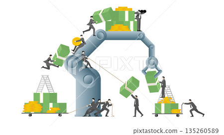 Business Team and Robotic Arm Working for Financial Automation and Industrial Wealth Management, Flat Vector Illustration Business Team and Robotic Arm Working for Financial Automation and Industrial Wealth Management, Flat Vector Illustration 135260589