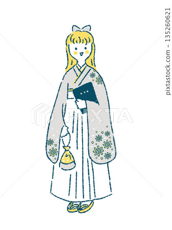 Illustration of a young woman standing in a haori and hakama holding a diploma 135260621
