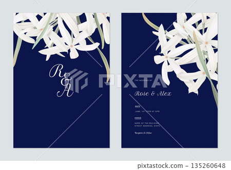 Floral wedding invitation card template design, Medicinal Kopsia flowers on dark blue Floral wedding invitation card template design, Medicinal Kopsia flowers on dark blue 135260648