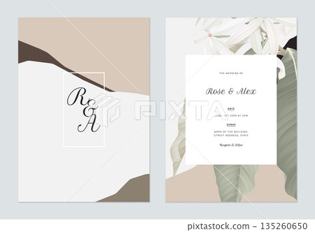 Floral wedding invitation card template design, Medicinal Kopsia flowers with leaves on white and brown 135260650