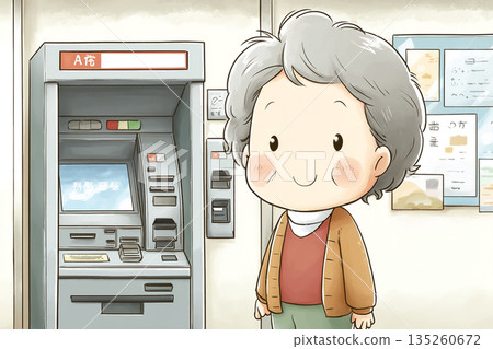 Illustration of an elderly woman using an ATM | Easy financial awareness material calling for fraud prevention 135260672
