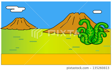 A simple pop background illustration of the earth and mountains of the dinosaur era 135260813