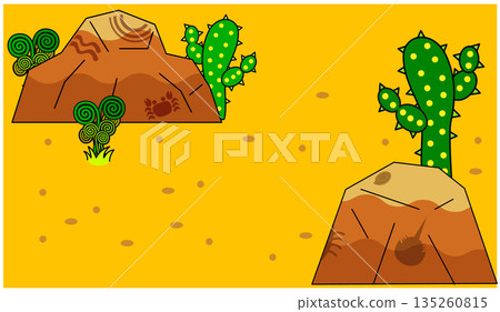 Pop art background illustration of a dry desert dotted with cacti and rocks Pop art background illustration of a dry desert dotted with cacti and rocks 135260815