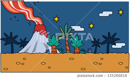 Fantasy background illustration of a tropical night with volcanoes and palm trees Fantasy background illustration of a tropical night with volcanoes and palm trees 135260818