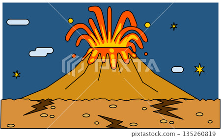 A simple, pop fantasy background illustration depicting an erupting volcano 135260819