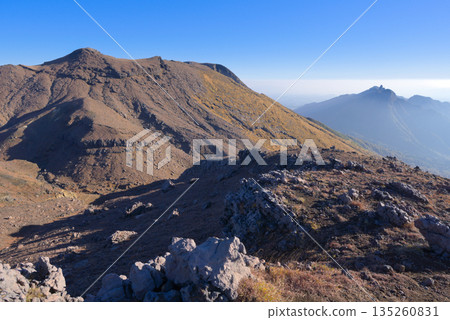 Mount Aso in Kumamoto Prefecture, with Mount Takadake and Mount Nekodake seen from the Minamidake ridgeline 135260831