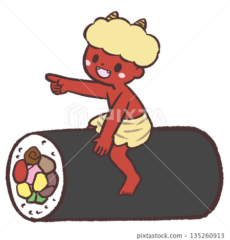 一幅插圖：一個紅色惡魔騎在一個幸運壽司卷上。 135260913