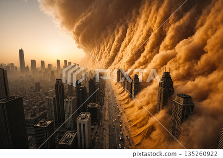 AI-generated image of a massive sandstorm hitting a city AI-generated image of a massive sandstorm hitting a city 135260922