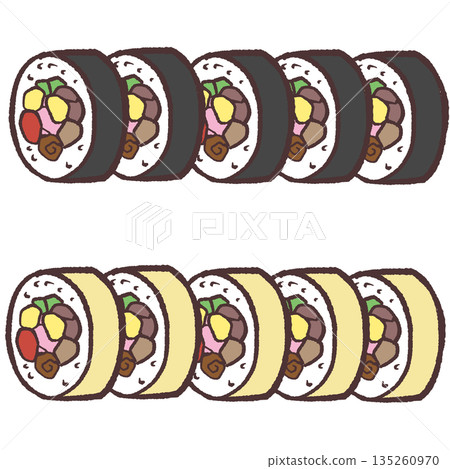 Illustration of two types of sushi rolls cut into pieces 135260970