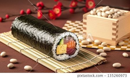 Setsubun Ehomaki and lucky beans Gorgeous seafood thick roll Traditional event and seasonal Japanese style image February food Background material Setsubun Ehomaki and lucky beans Gorgeous seafood thick roll Traditional event and seasonal Japanese style image February food Background material 135260973