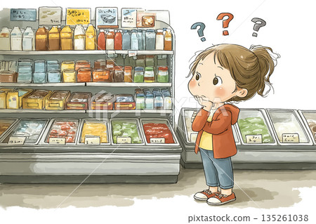 Elementary school girl having trouble choosing a product at the supermarket | Illustration of her first errand 135261038