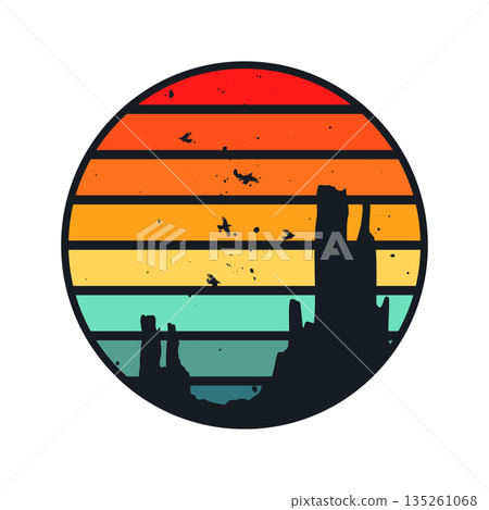 Grunge vintage sunset. Colorful striped sunrise badge in 80s and 90s style. Sun and ocean view, summer vibes, surfing. Design element for print, logo or t-shirt. Vector illustration 135261068