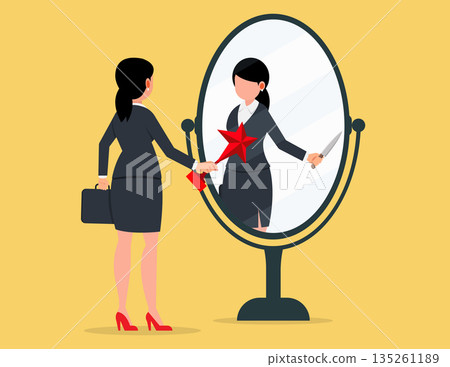 Behind business success. business woman holding a trophy looks at his reflection in the mirror. 135261189