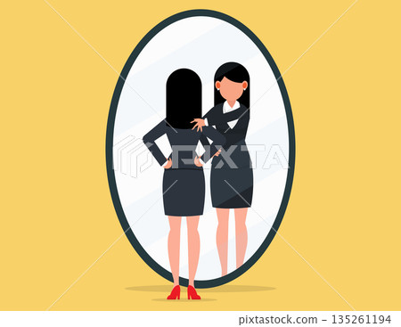 Self esteem or self care. business woman looking at mirror with his shadow encourage his confidence. 135261194