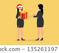 Corporate worker Christmas and New Year congratulations. Business woman boss in Santa Claus hat gift box to employees 135261197