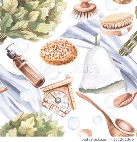 A seamless pattern with bathhouse essentials. Watercolor illustrations of towels, bath brooms, and washcloths for spa, bathhouse, and sauna interiors, as well as prints on towels and fabric. 135261369