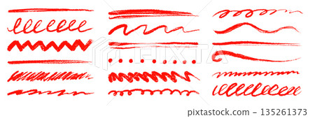 Red underline brush strokes and pencil marks emphasis element set. Textured chalk pencil marks, crayon scribbles, red color lines. Crayon texture brush stroke highlight shapes. Vector Red underline brush strokes and pencil marks emphasis element set. Textured chalk pencil marks, crayon scribbles, red color lines. Crayon texture brush stroke highlight shapes. Vector 135261373