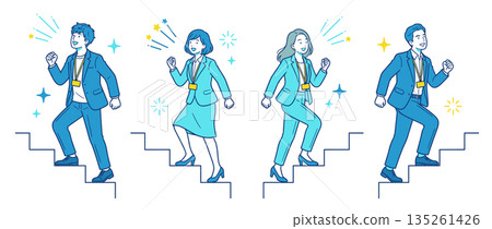Illustration of a business person climbing the stairs of growth step by step | Career advancement and goal achievement concept 135261426