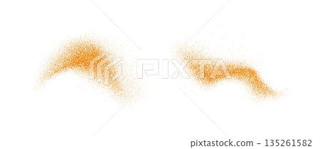 Orange spices powder splashes. Flying masala seasoning particles burst. Dust sand and dirt textured piles. Cumin and curry flakes scattered on surface. Dried spicy explosion. Vector illustration Orange spices powder splashes. Flying masala seasoning particles burst. Dust sand and dirt textured piles. Cumin and curry flakes scattered on surface. Dried spicy explosion. Vector illustration 135261582